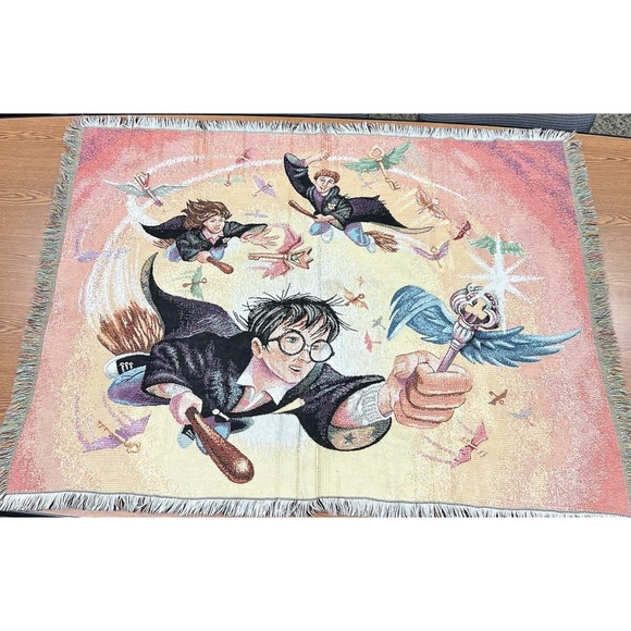 Vintage 2000 Harry Potter THE KEY Tapestry Throw Blanket Woven USA 46x60" Brooms - Picture 1 of 6